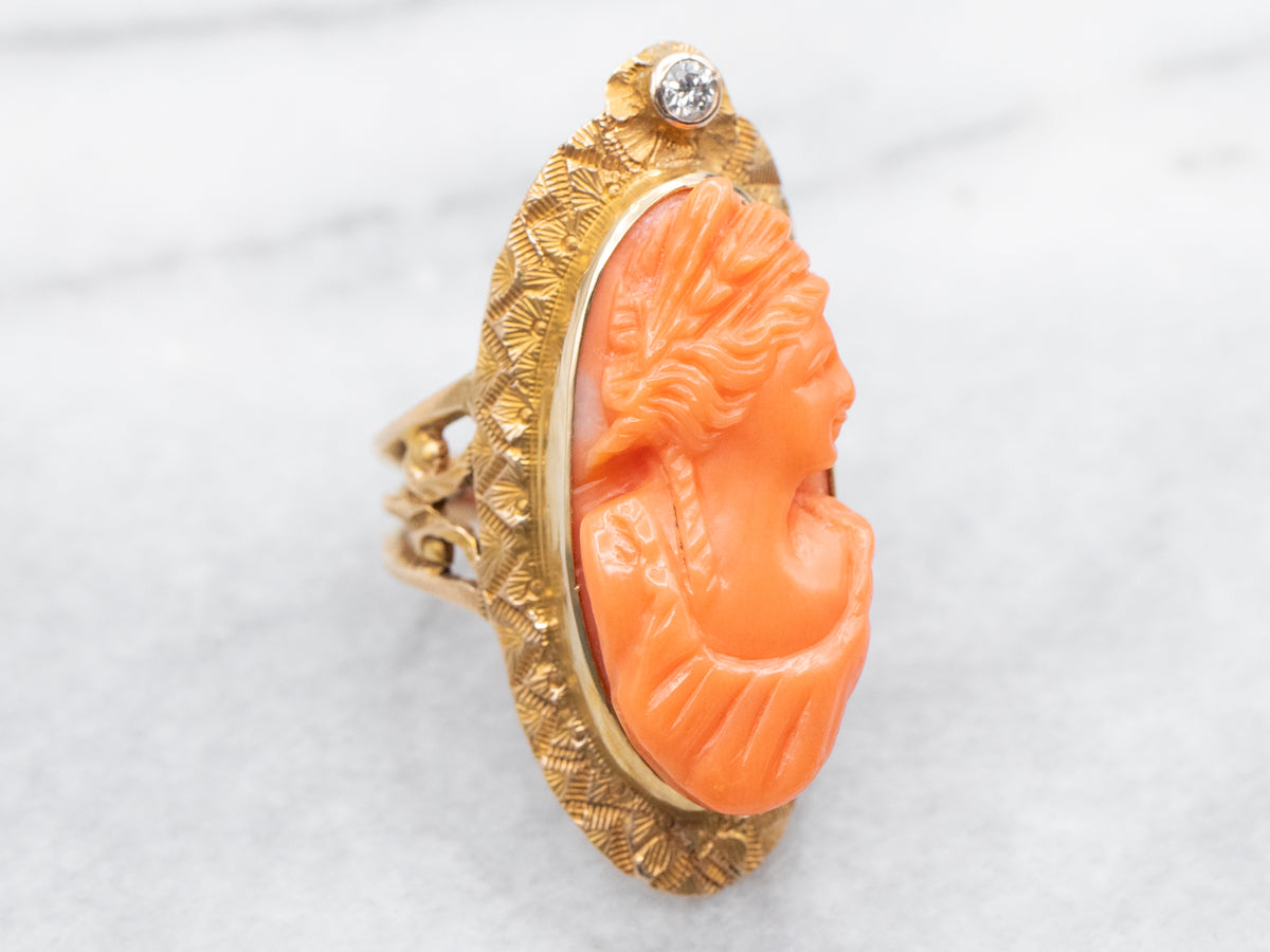 Victorian Revival Carved Coral Cameo and Diamond Ring