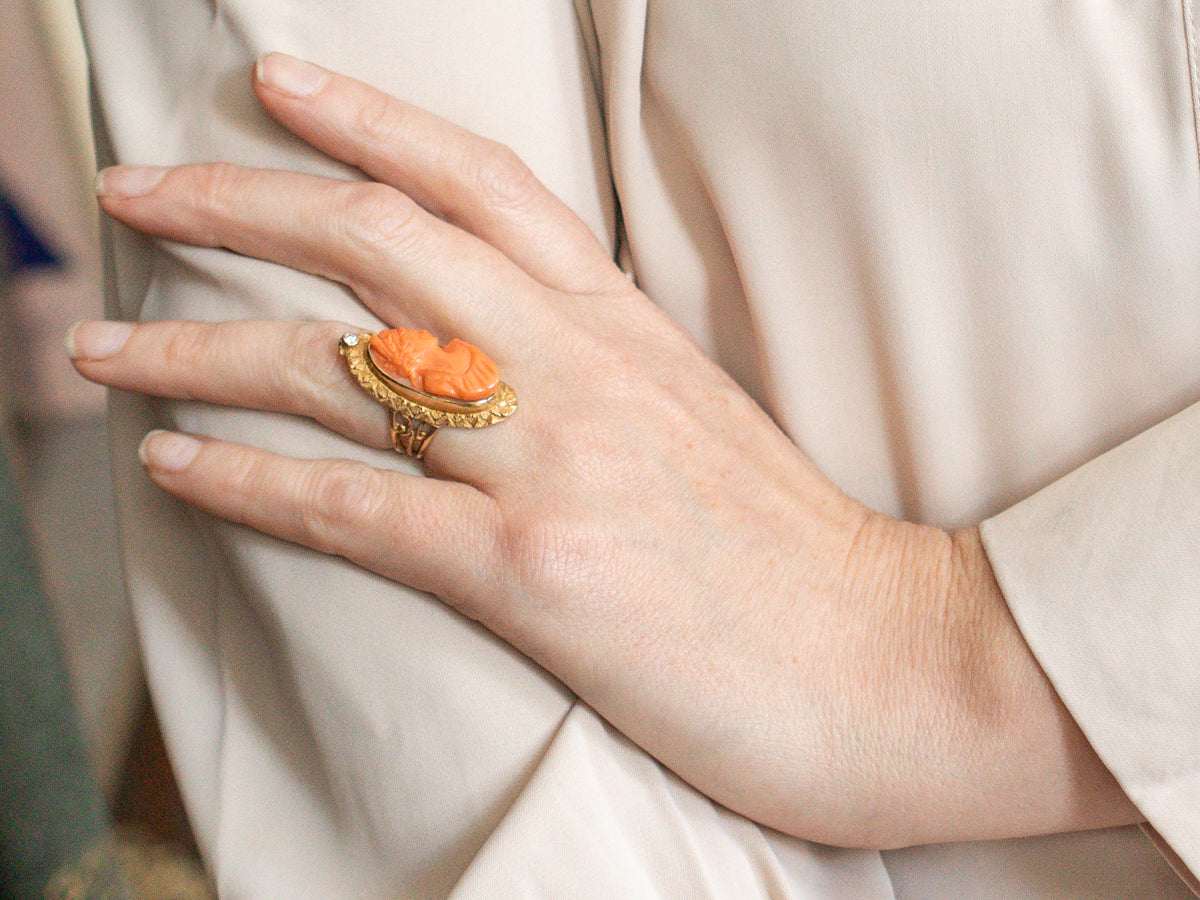 Victorian Revival Carved Coral Cameo and Diamond Ring