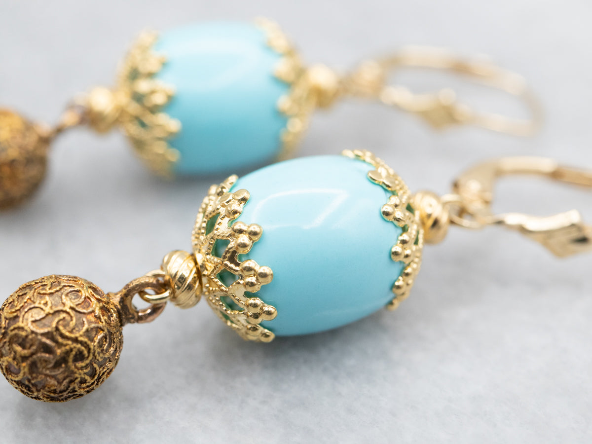 Yellow Gold Turquoise Bead Drop Earrings