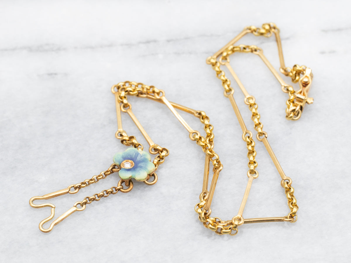 Rolo and Bar Link Enamel Flower and Diamond Lariat Chain