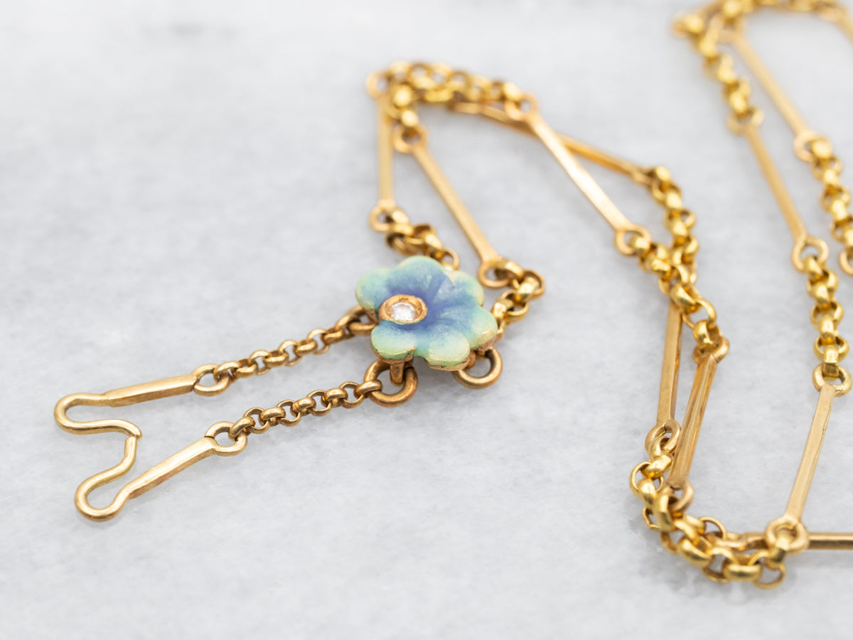 Rolo and Bar Link Enamel Flower and Diamond Lariat Chain