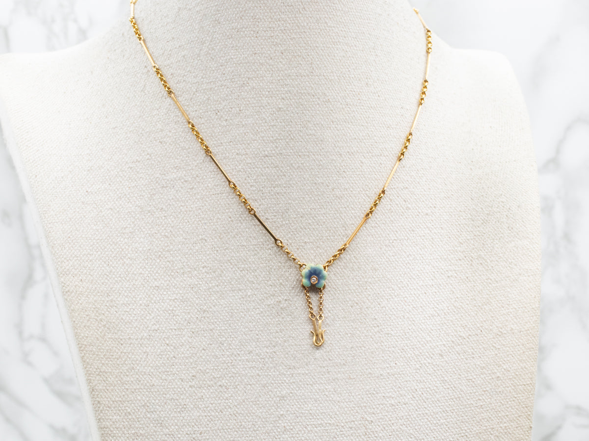 Rolo and Bar Link Enamel Flower and Diamond Lariat Chain