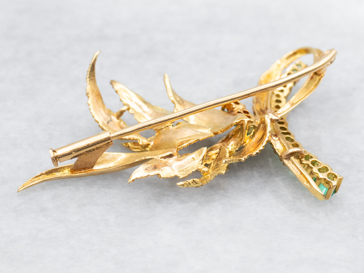 Brushed Gold Green Onyx and Enamel Brooch