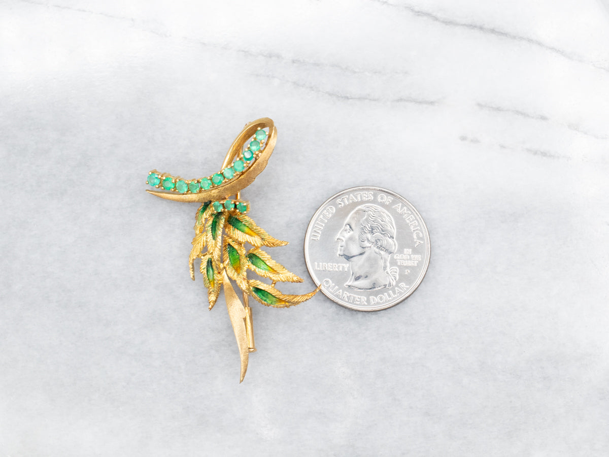 Brushed Gold Green Onyx and Enamel Brooch