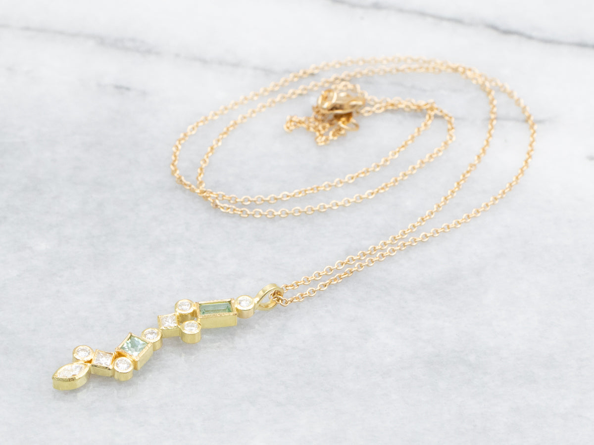 Modernist Green Tourmaline and Diamond Pendant Necklace