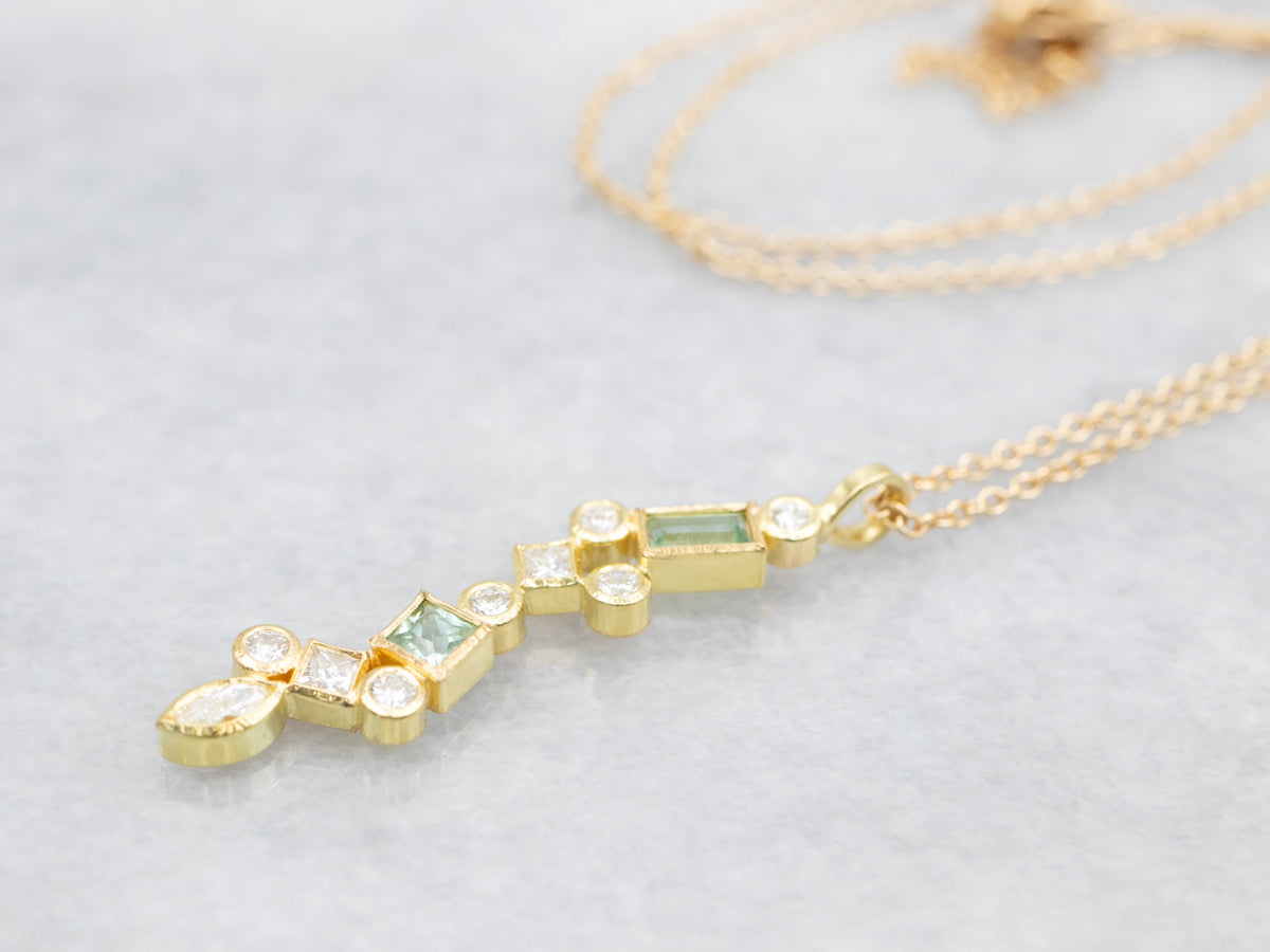 Modernist Green Tourmaline and Diamond Pendant Necklace