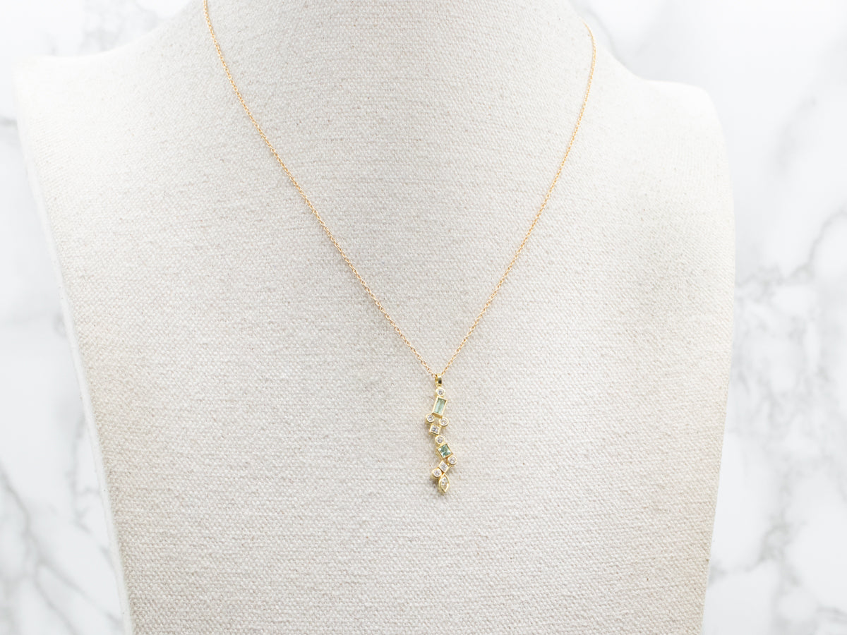 Modernist Green Tourmaline and Diamond Pendant Necklace