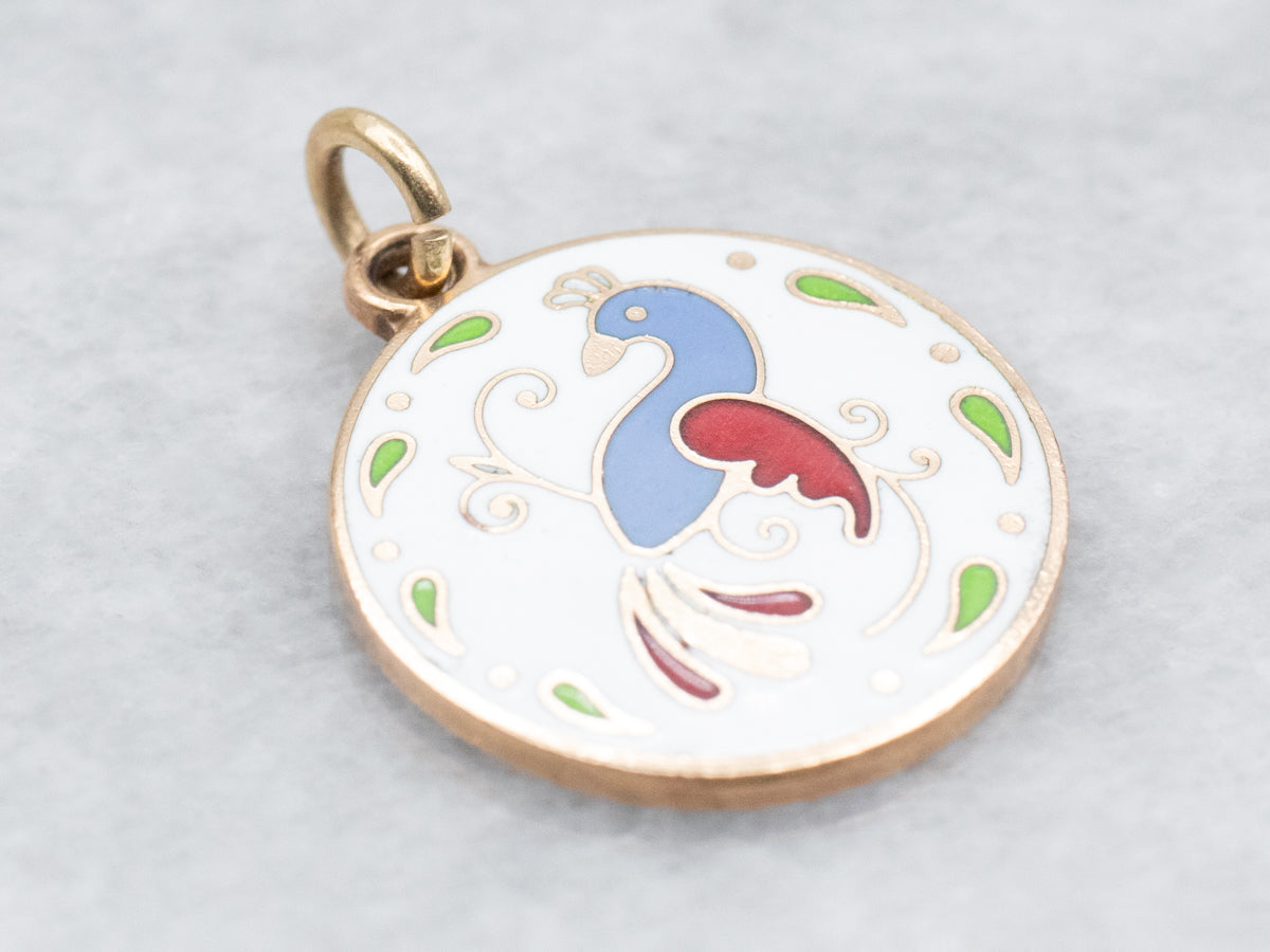 Gold and Enamel Bird Disc Pendant