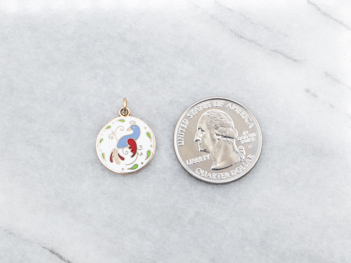 Gold and Enamel Bird Disc Pendant