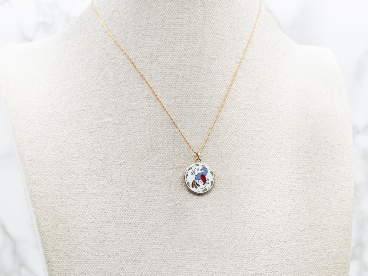 Gold and Enamel Bird Disc Pendant