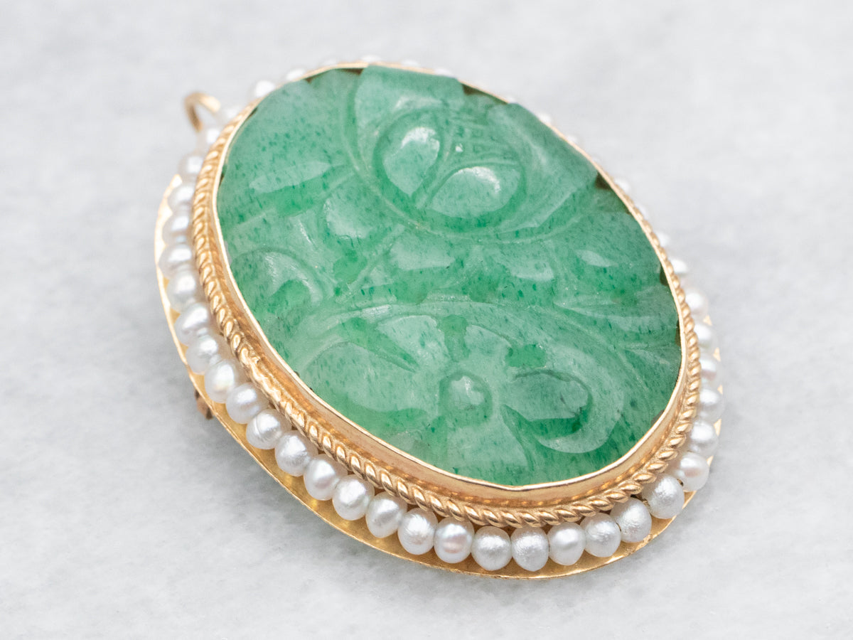 Carved Aventurine Quartz and Seed Pearl Brooch or Pendant