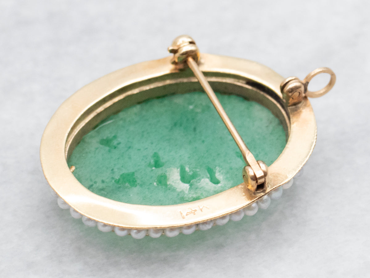 Carved Aventurine Quartz and Seed Pearl Brooch or Pendant