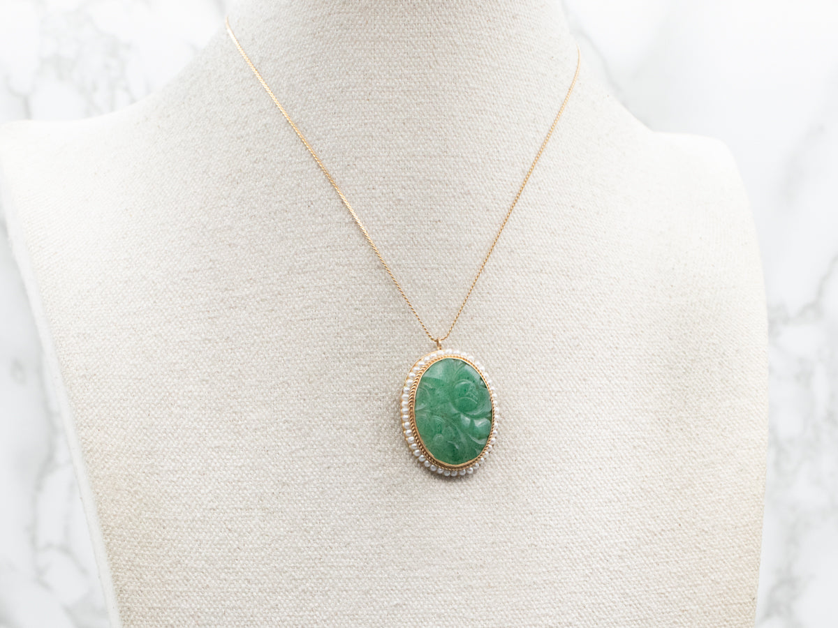 Carved Aventurine Quartz and Seed Pearl Brooch or Pendant