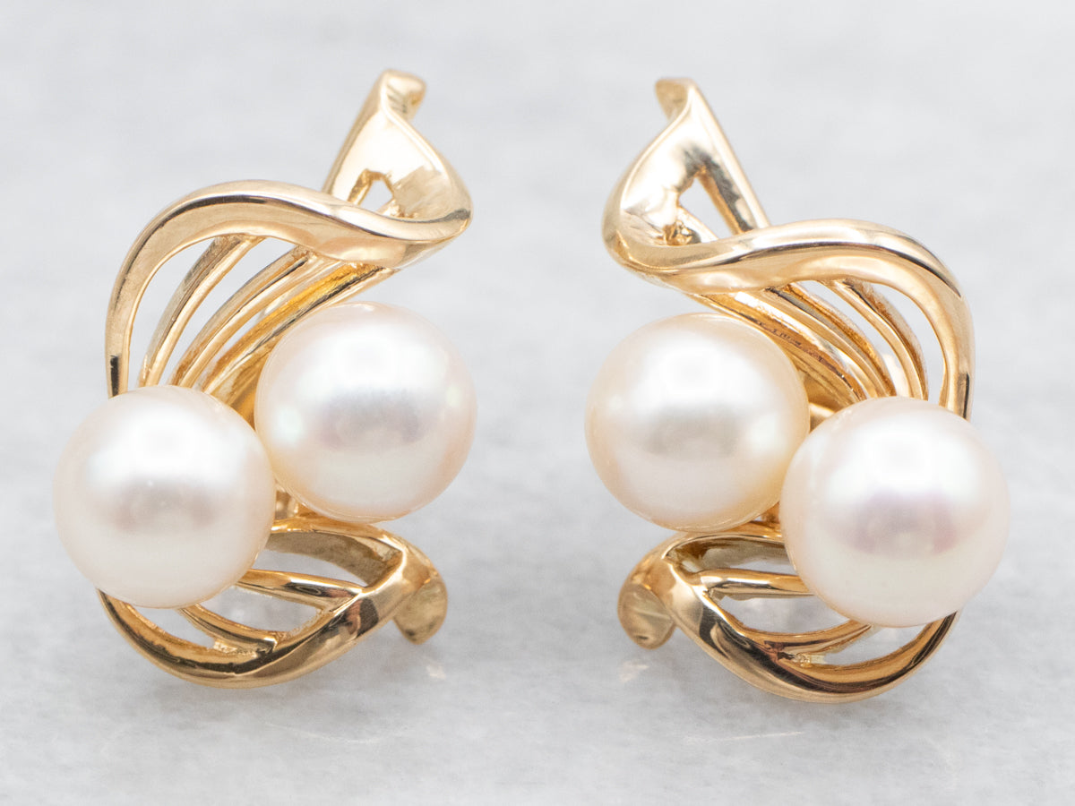 Vintage Scrolling Gold and Pearl Stud Earrings