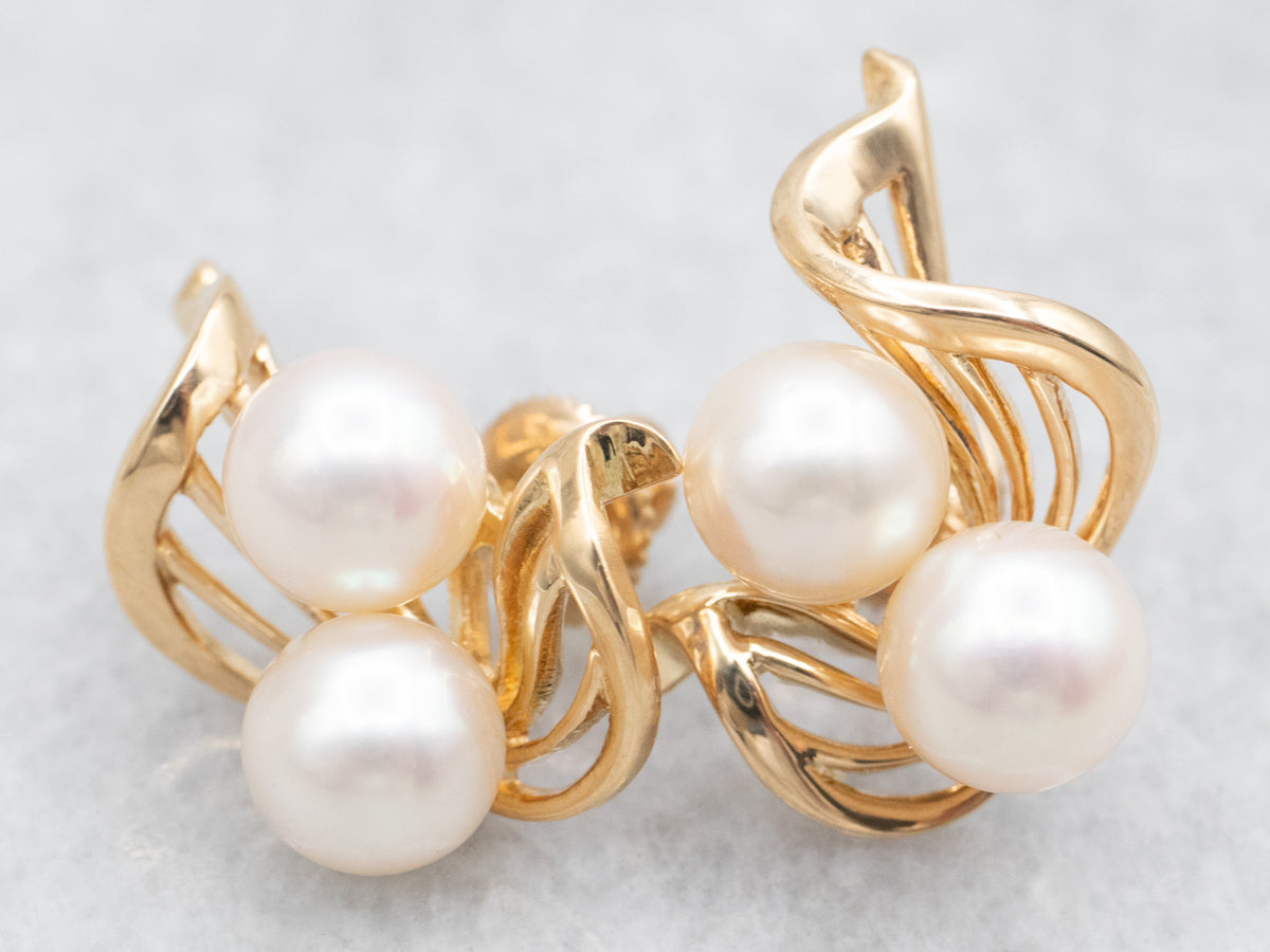 Vintage Scrolling Gold and Pearl Stud Earrings