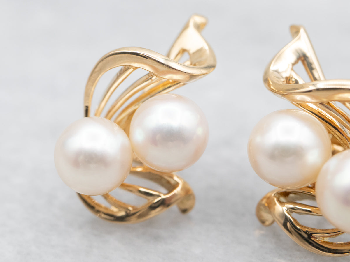 Vintage Scrolling Gold and Pearl Stud Earrings