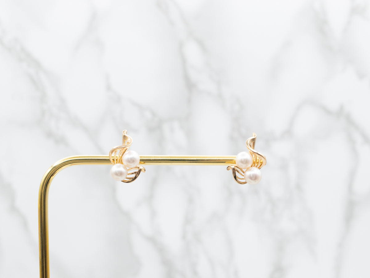 Vintage Scrolling Gold and Pearl Stud Earrings