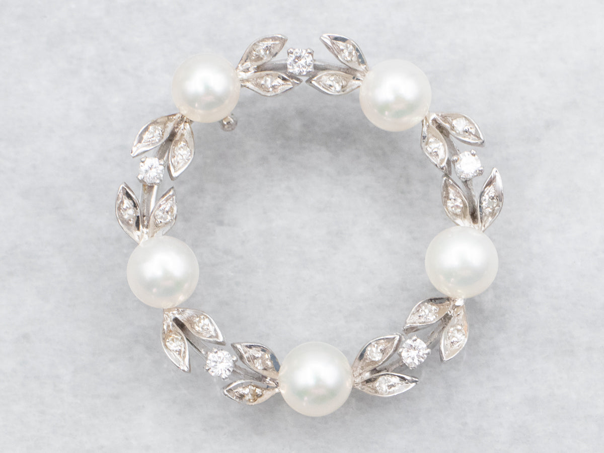 Vintage Diamond and Saltwater Pearl Circle Pin or Pendant