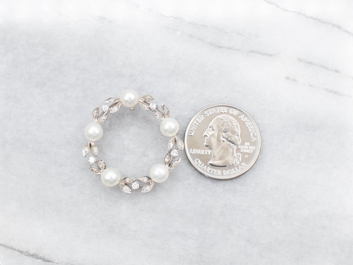 Vintage Diamond and Saltwater Pearl Circle Pin or Pendant