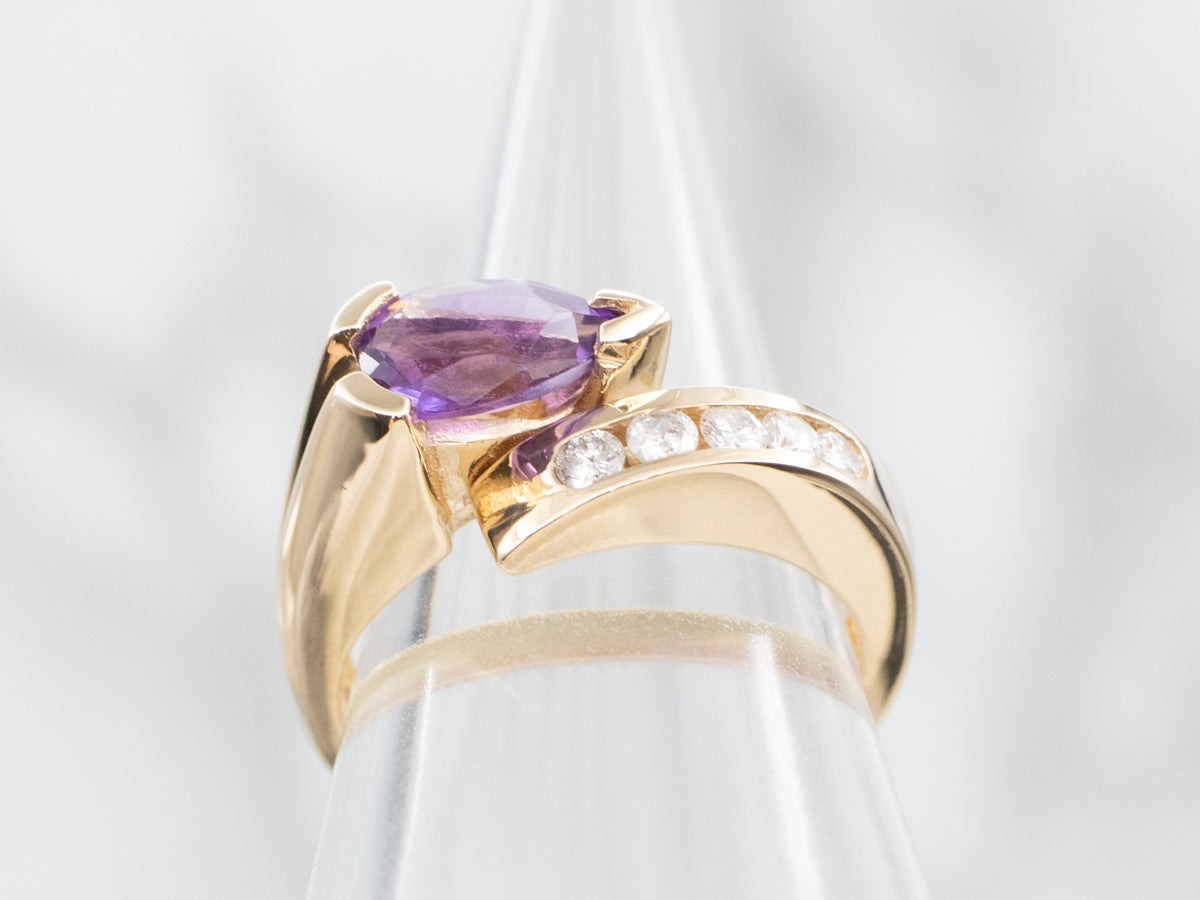Modernist Amethyst and Diamond Bypass Ring