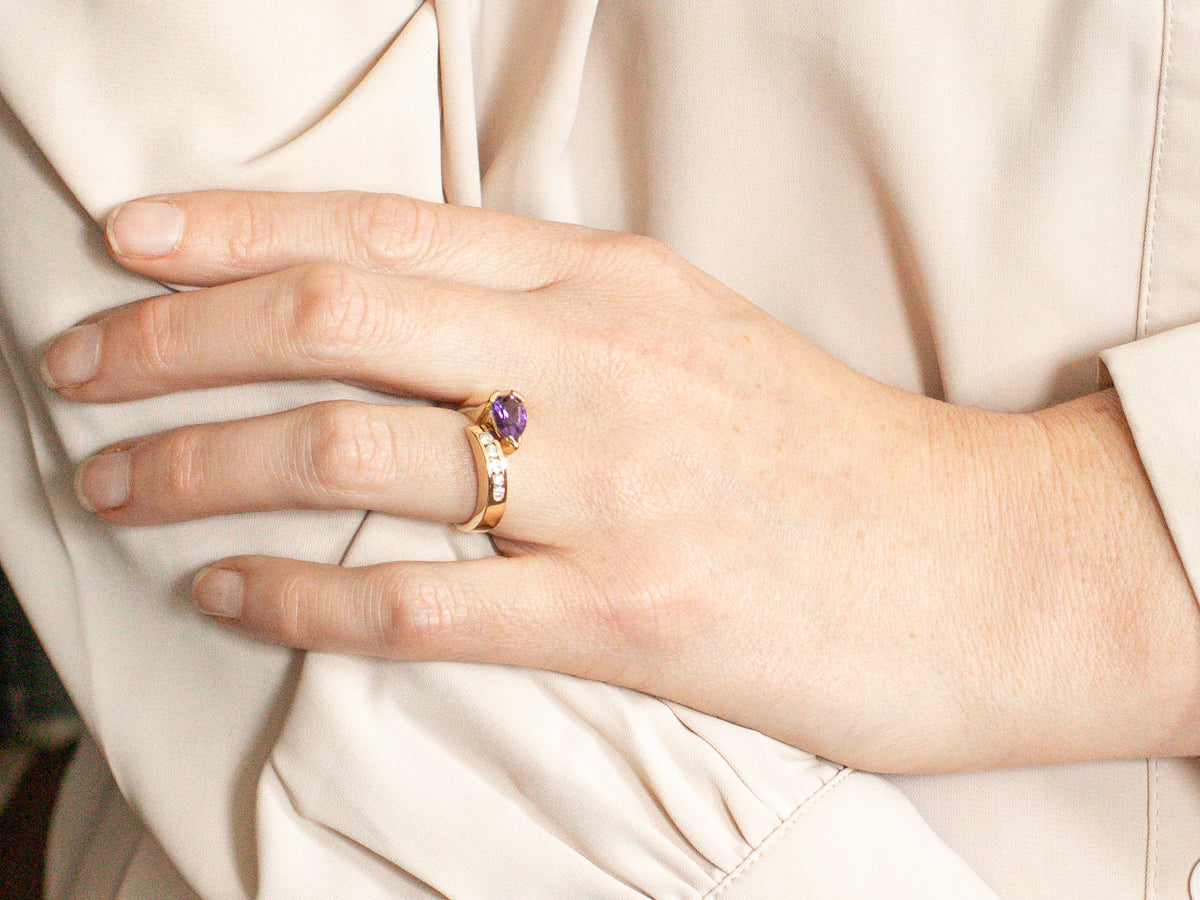 Modernist Amethyst and Diamond Bypass Ring