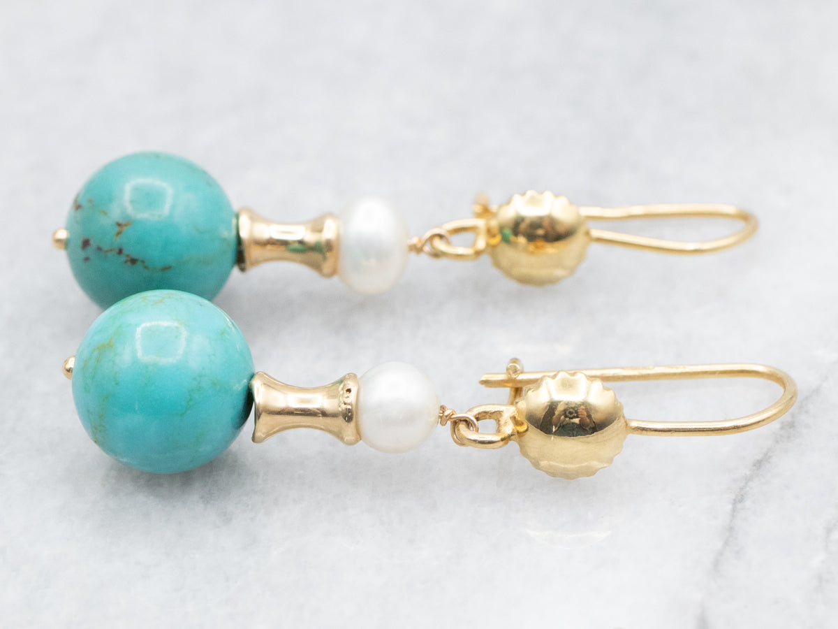 Beaded Turquoise and Pearl Drop Earrings