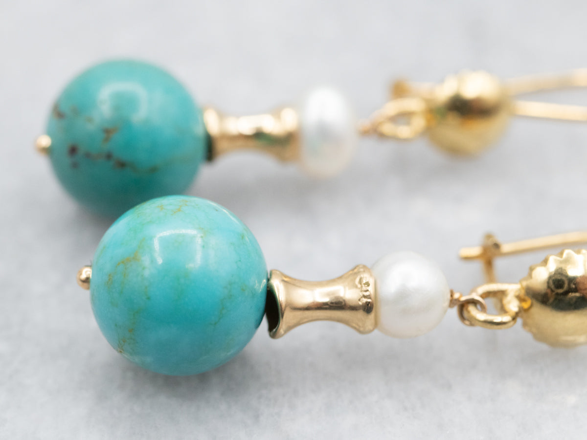 Beaded Turquoise and Pearl Drop Earrings