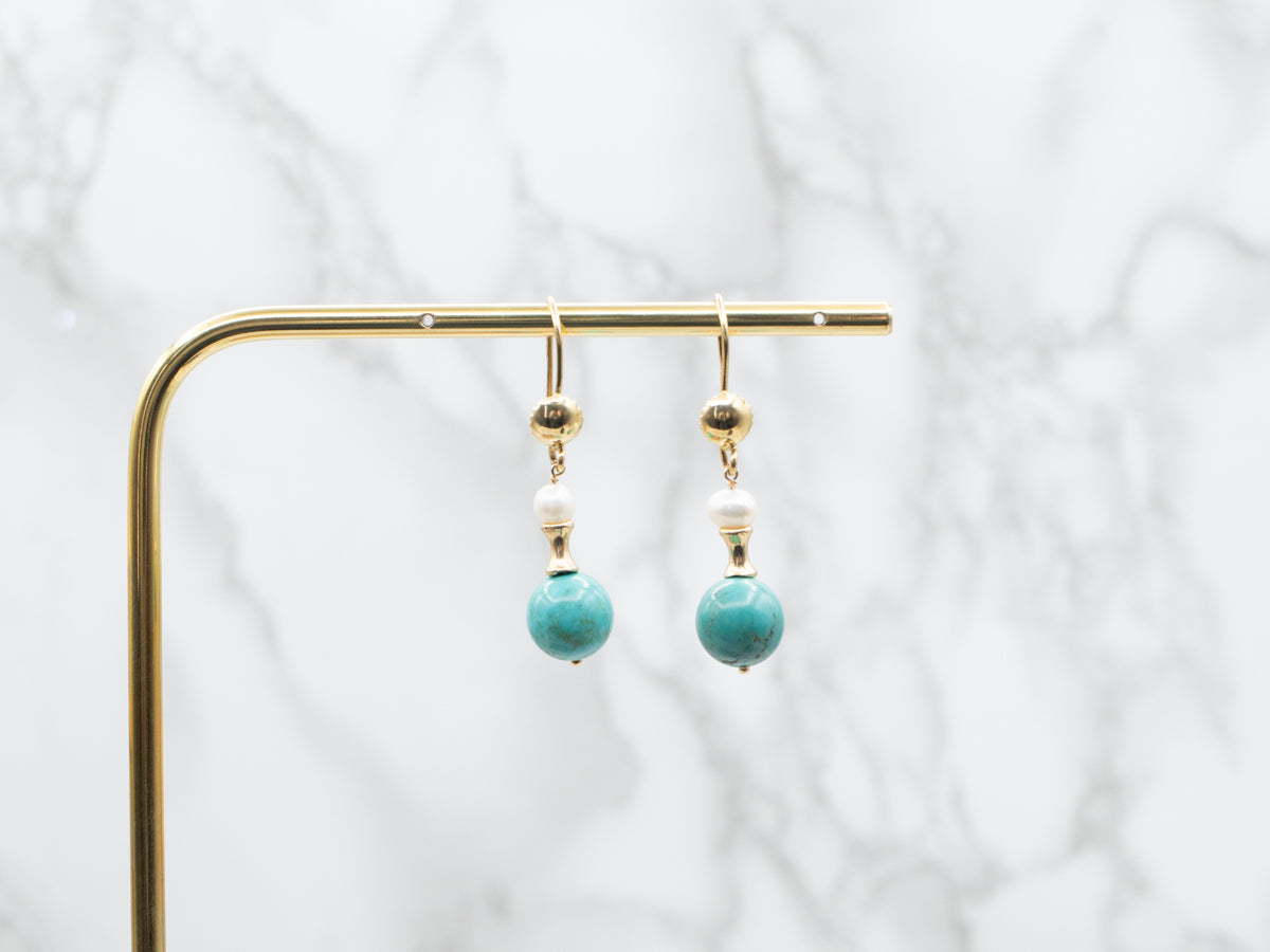 Beaded Turquoise and Pearl Drop Earrings
