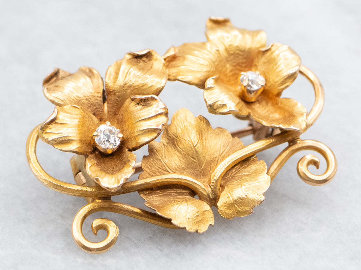 Art Nouveau Era Old Mine Cut Diamond Floral Brooch