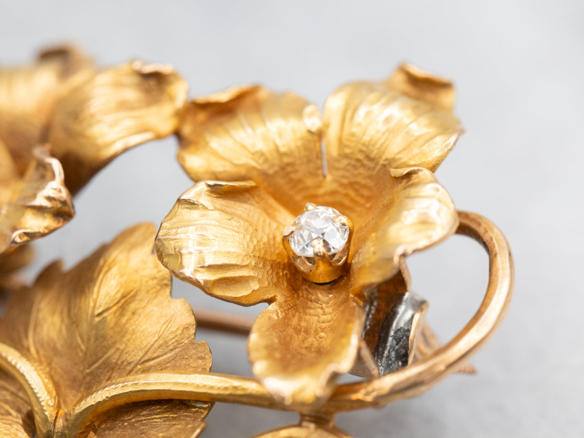Art Nouveau Era Old Mine Cut Diamond Floral Brooch