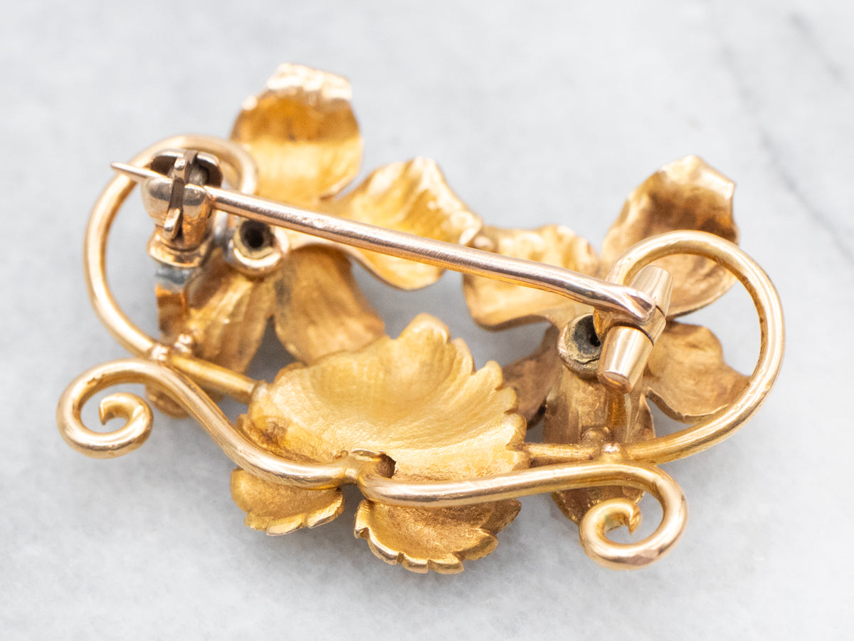 Art Nouveau Era Old Mine Cut Diamond Floral Brooch