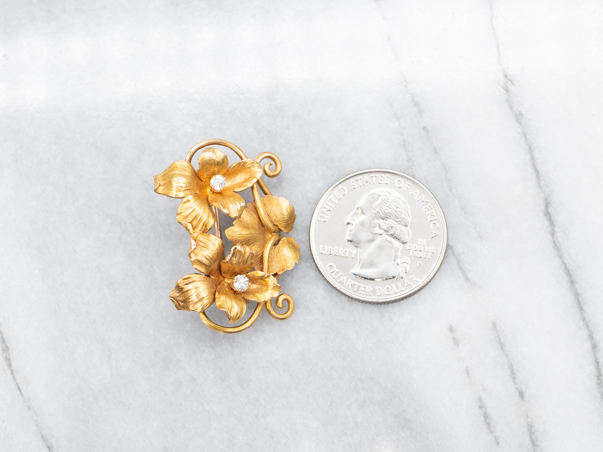 Art Nouveau Era Old Mine Cut Diamond Floral Brooch