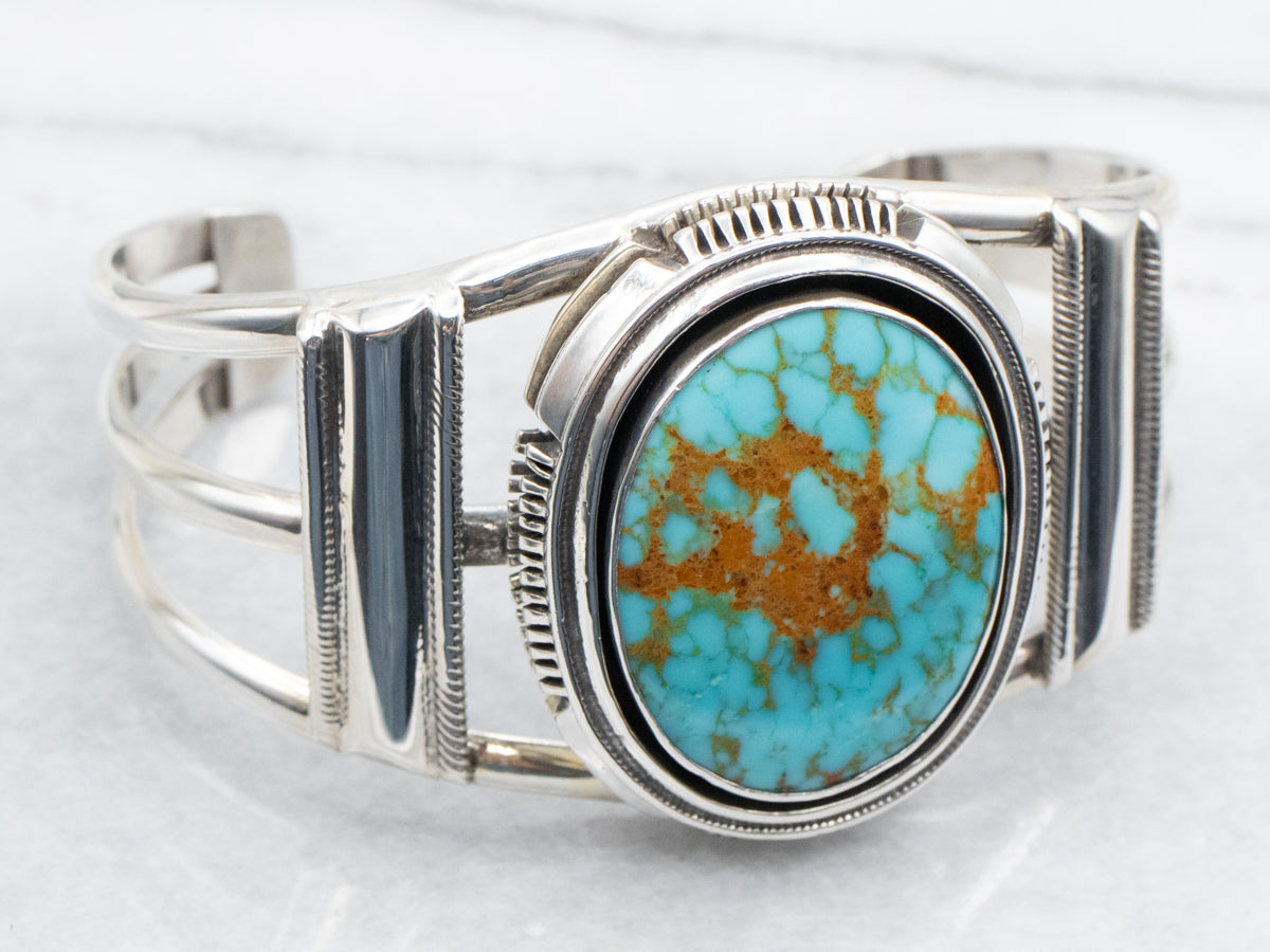 Sterling Silver Native American Made Oval Cut Turquoise Cuff Bracelet
