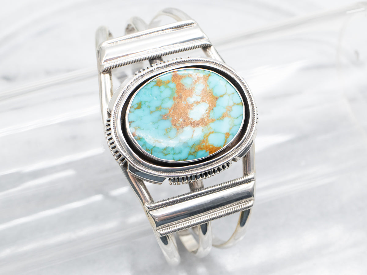 Sterling Silver Native American Made Oval Cut Turquoise Cuff Bracelet