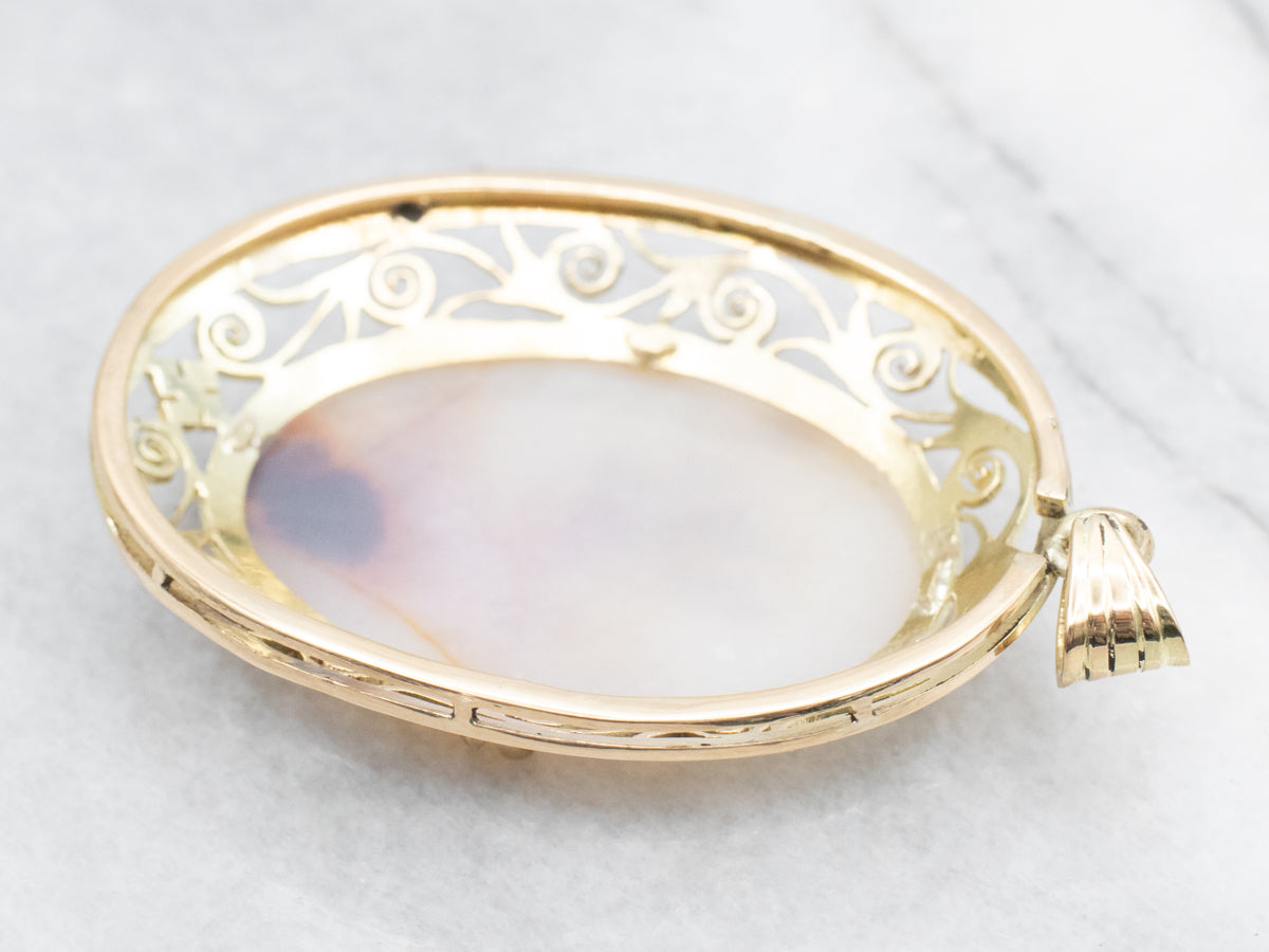 Large Dendritic Agate Pendant in Scrolling Gold Frame