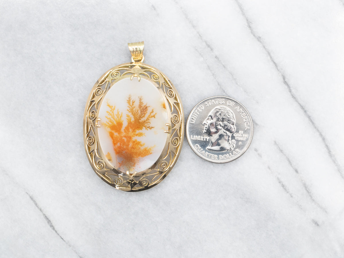 Large Dendritic Agate Pendant in Scrolling Gold Frame