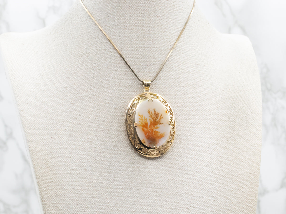 Large Dendritic Agate Pendant in Scrolling Gold Frame