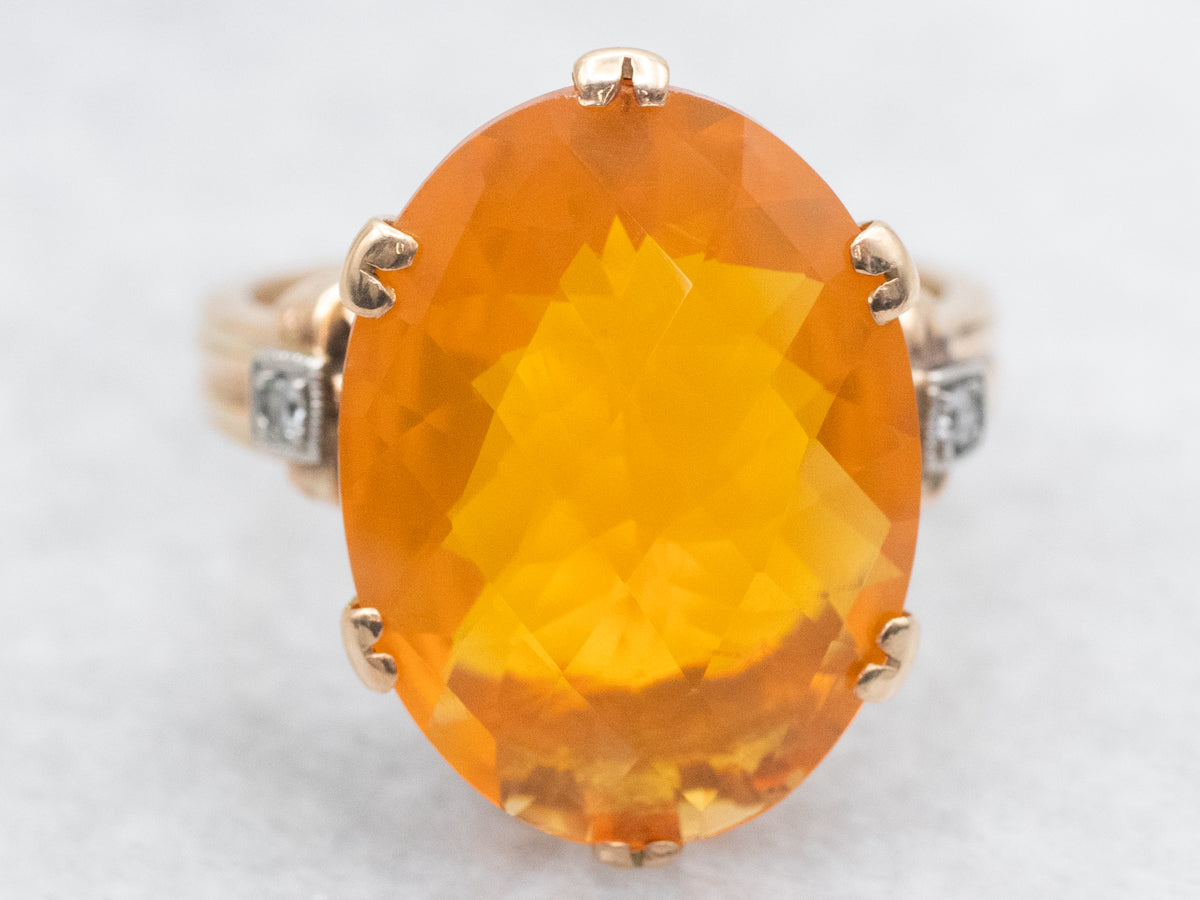 Mid-Century Fire Opal and Diamond Ring