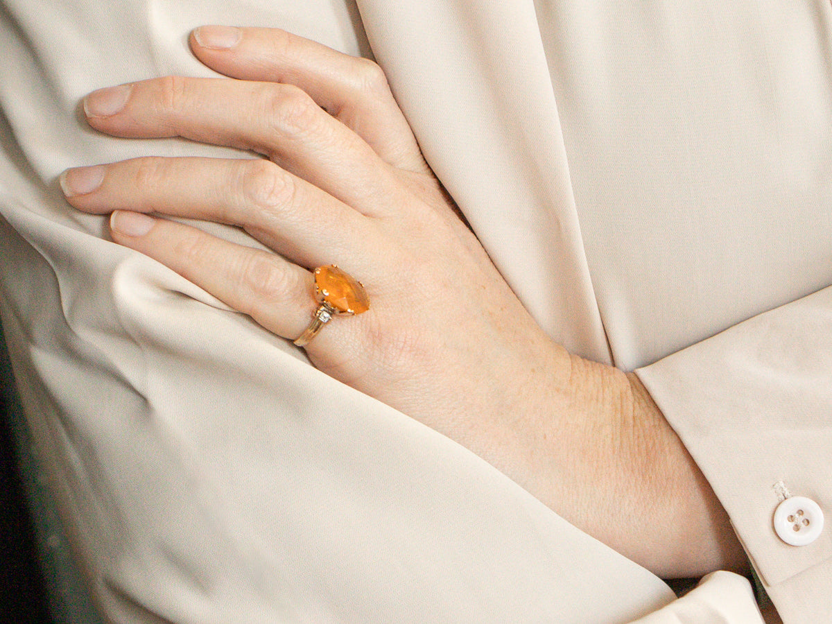 Mid-Century Fire Opal and Diamond Ring