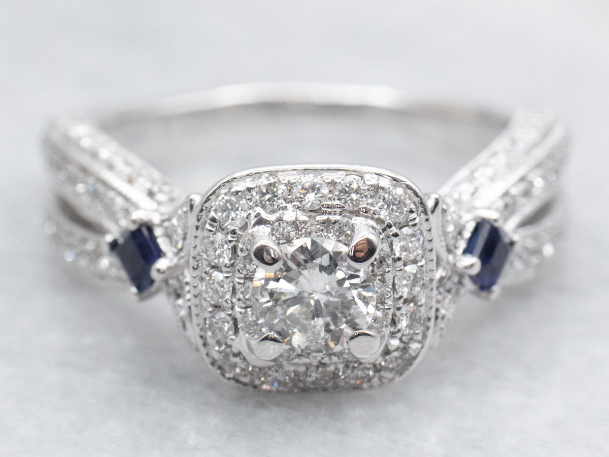 Modern Diamond Halo and Sapphire Accent Engagement Ring