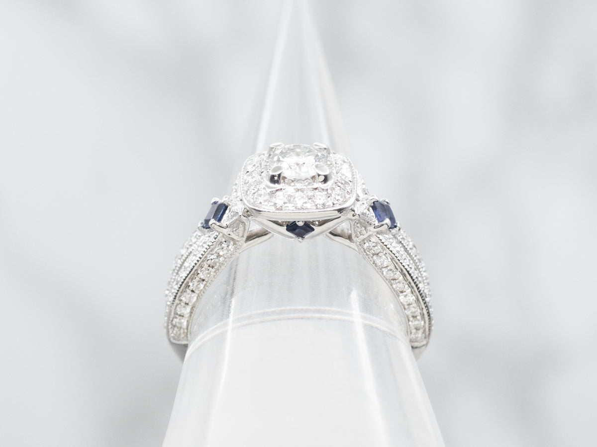 Modern Diamond Halo and Sapphire Accent Engagement Ring