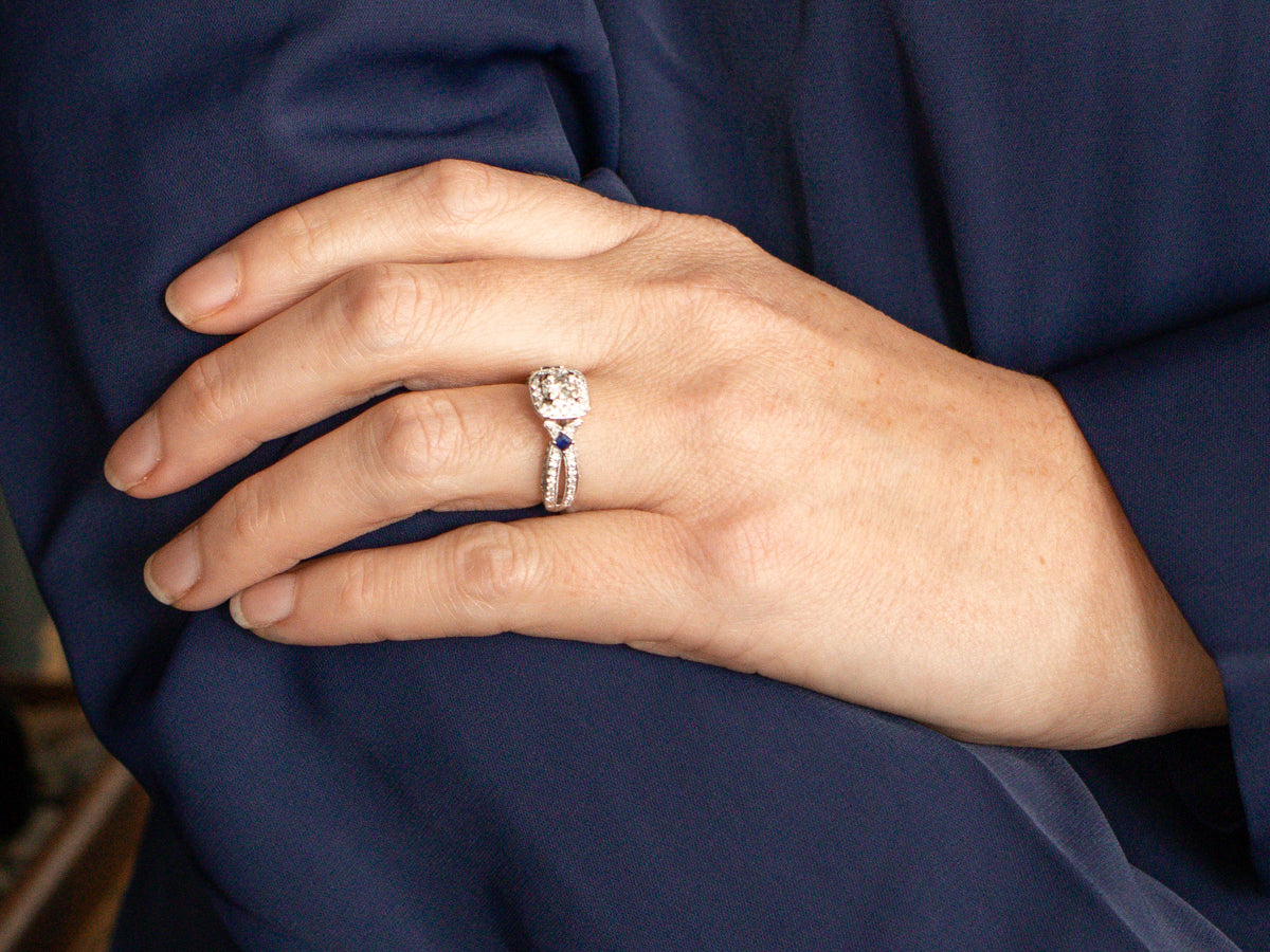 Modern Diamond Halo and Sapphire Accent Engagement Ring