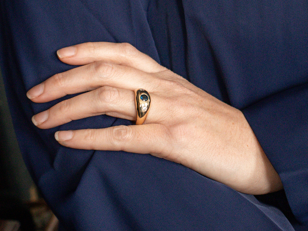 Men's Flush Set Sapphire and Diamond Dome Ring