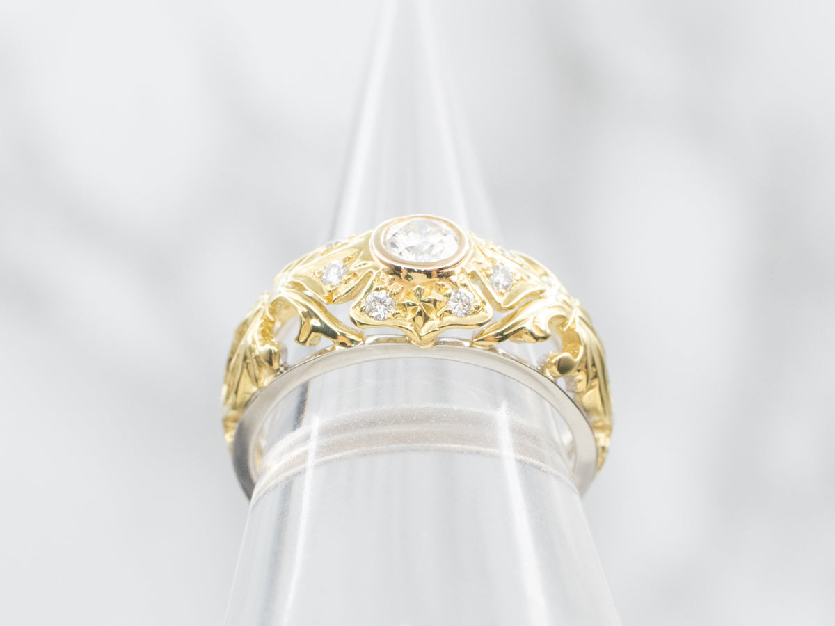 Ornate Platinum and Gold Diamond Engagement Ring