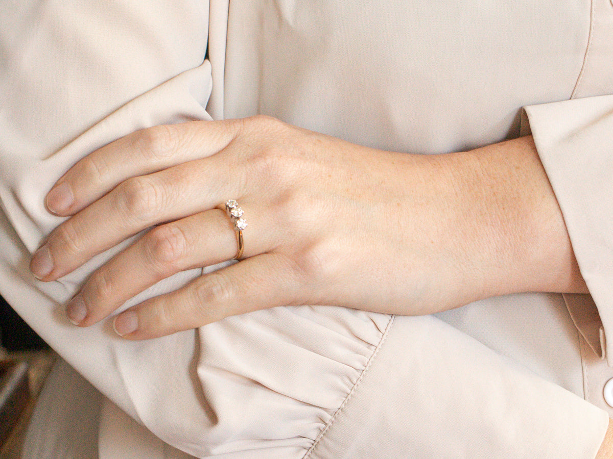 Three Stone Brilliant and European Cut Diamond Engagement Ring