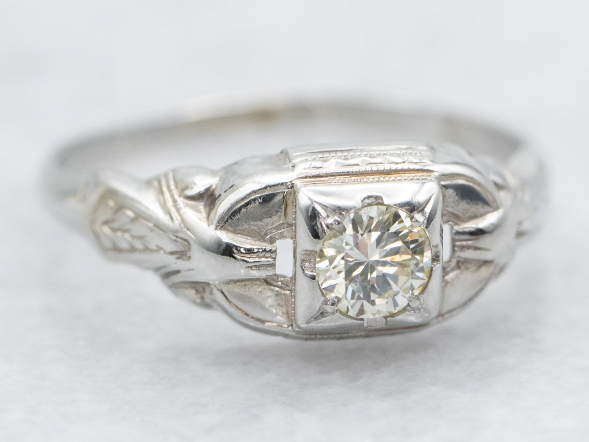 Lovely Diamond Solitaire Engagement in Early Retro Era Mounting