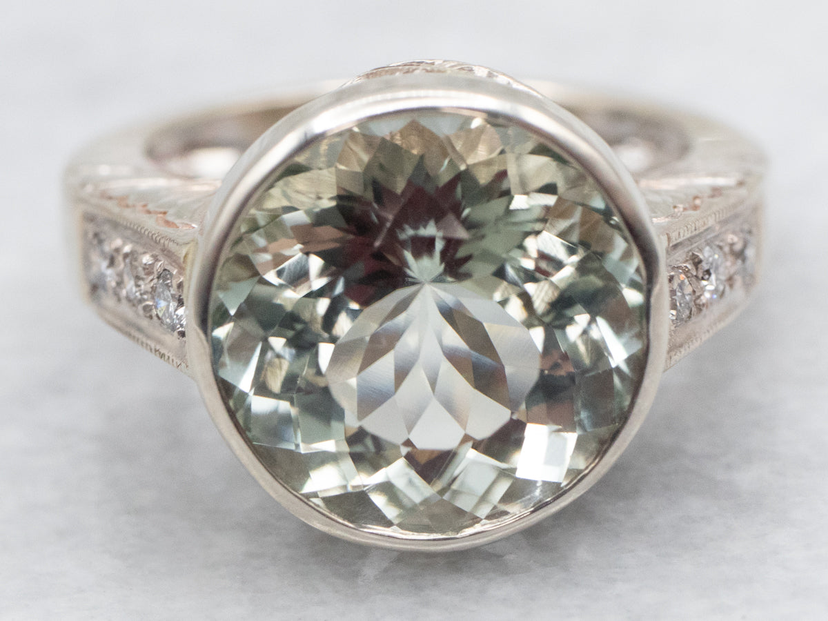 Prasiolite Quartz and Diamond Ring with Floral Shoulders