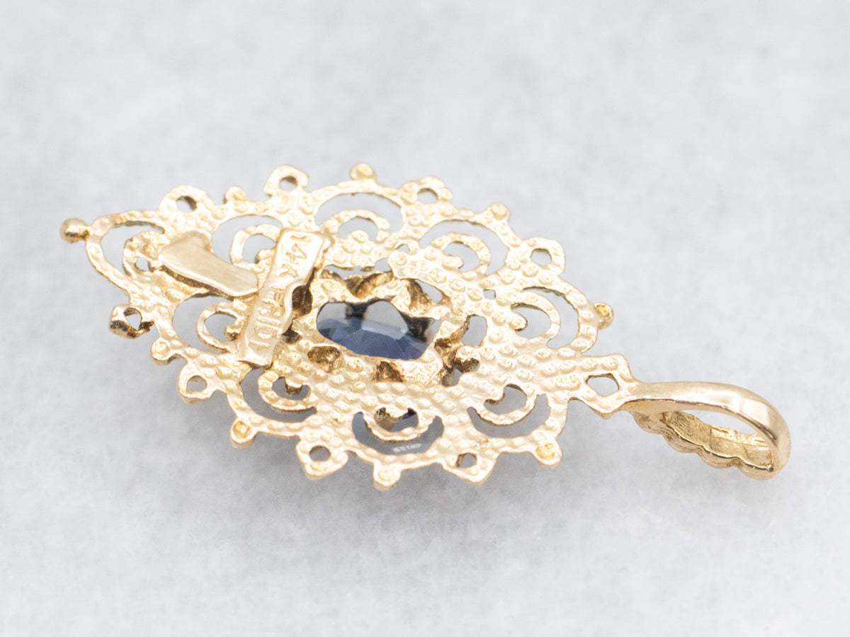 Ornate Gold Sapphire Filigree Pendant