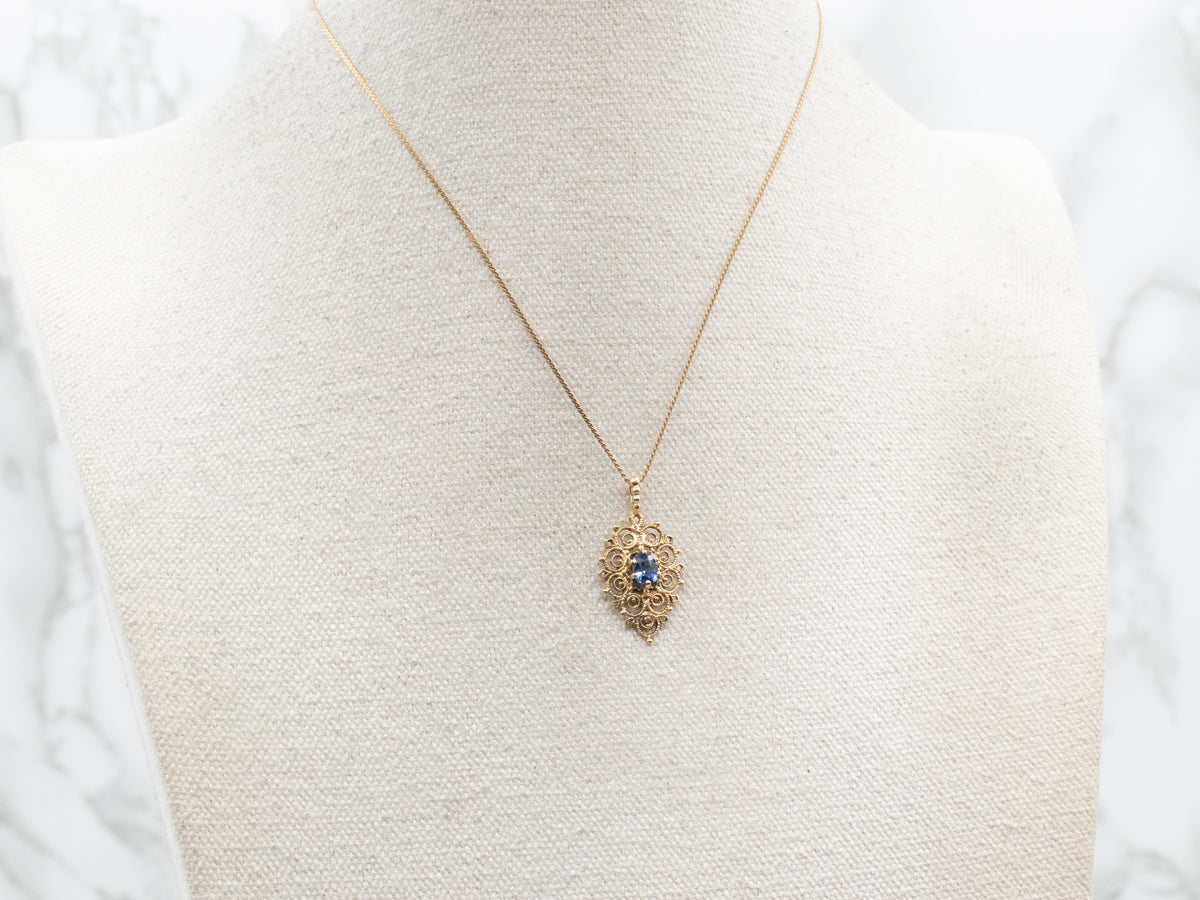 Ornate Gold Sapphire Filigree Pendant
