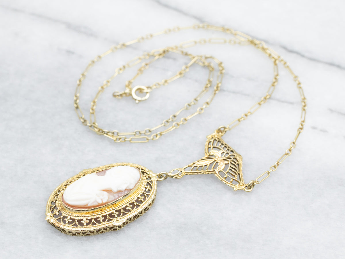 Mid Century Cameo Filigree Necklace